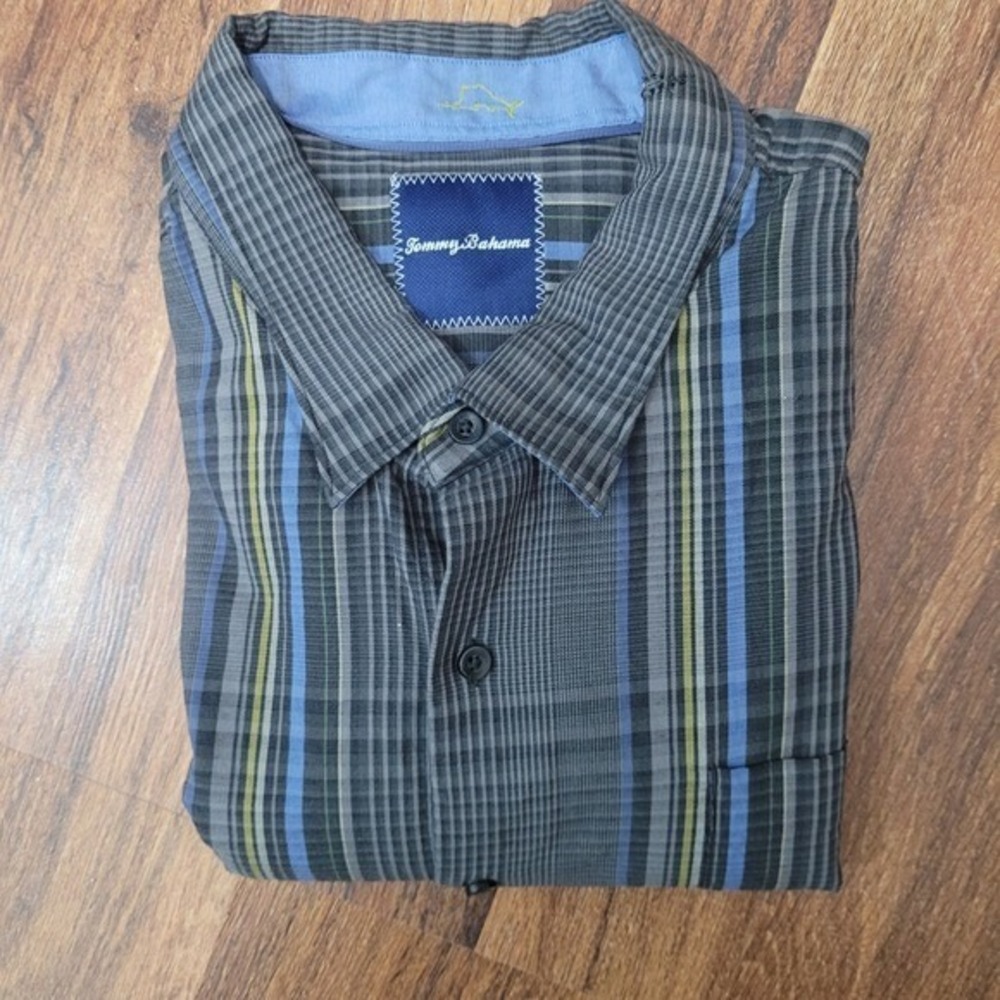Tommy Bahama Plaid Button Up Shirt Long Sleeve Collared  ‎ Gray Blue SZ 2XL